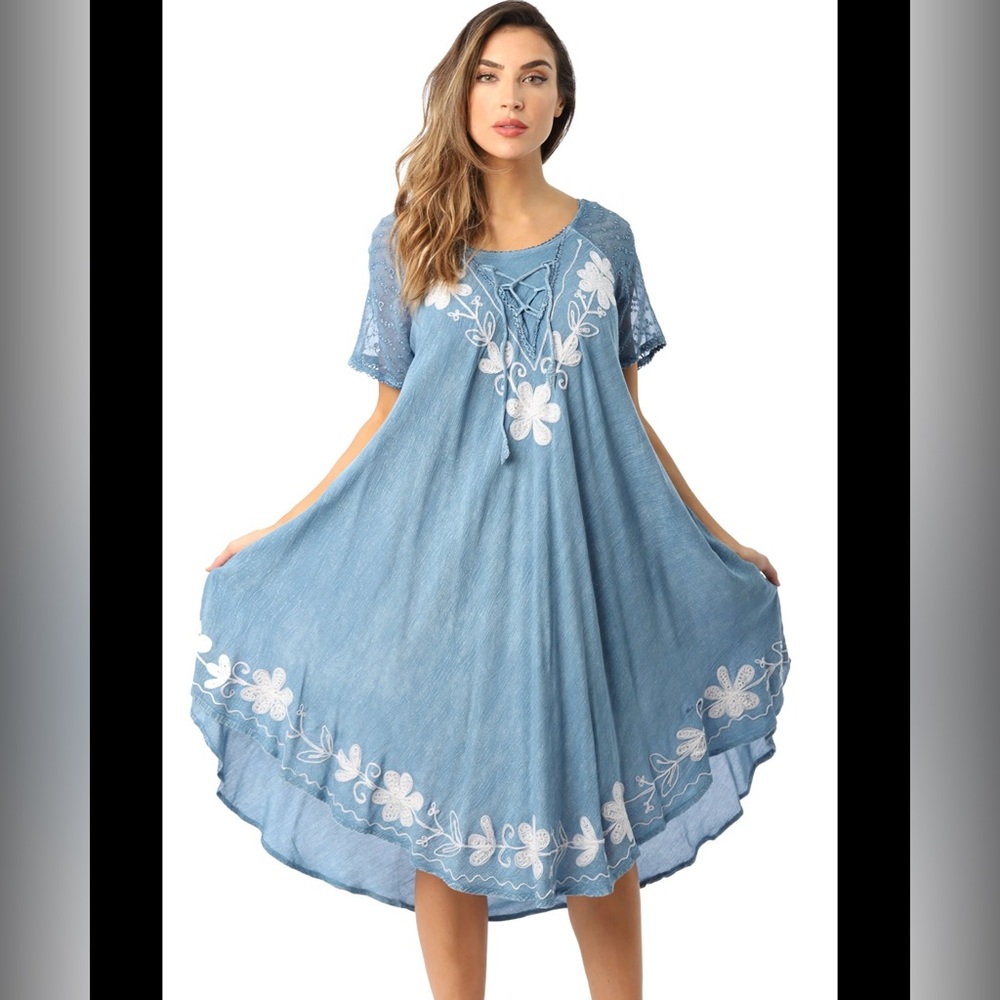Riviera Sun Light‎ Blue Embroidered Floral Sun Dress NWT Women’s Size S